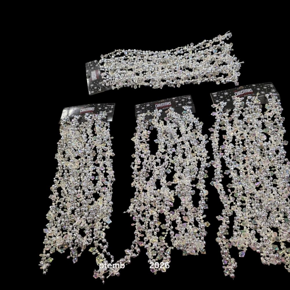 Christmas Shoppe Winter Iridescent Beaded Garland 9 Ft Silver Clear 4 Sets 2011